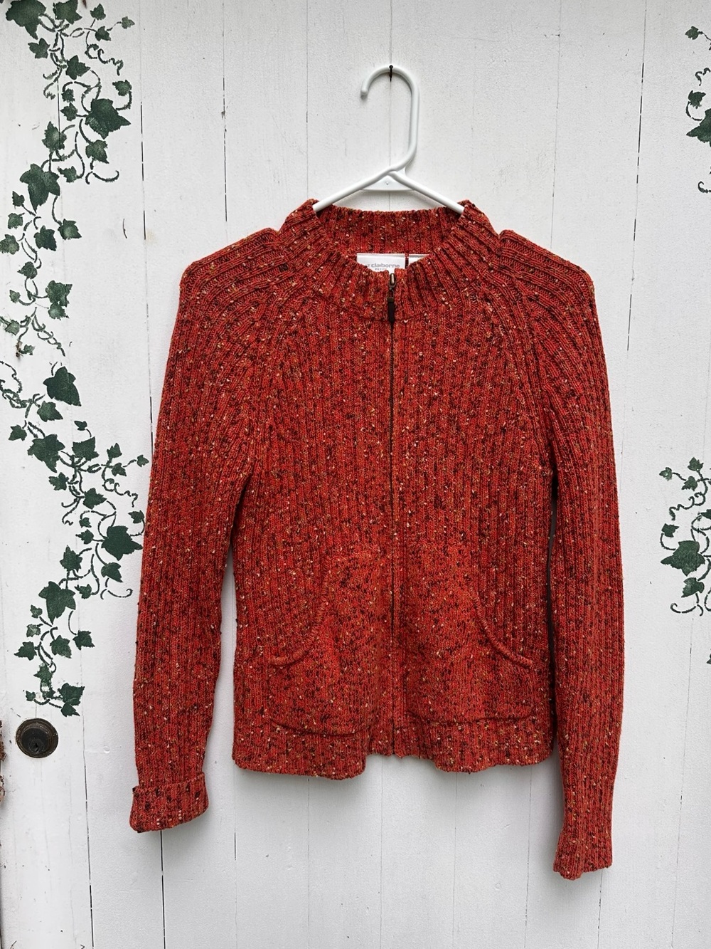 Vintage 90s Fall Tweed Cropped Zip Up Chunky Knit Sweater by Liz Claiborne